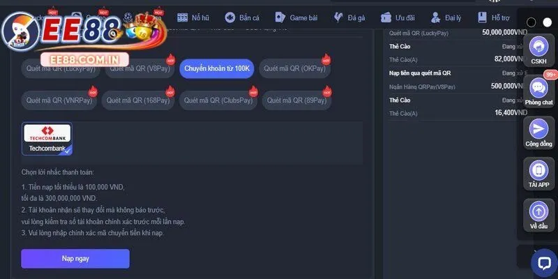 Nạp tiền EE88 nhanh qua ngân hàng