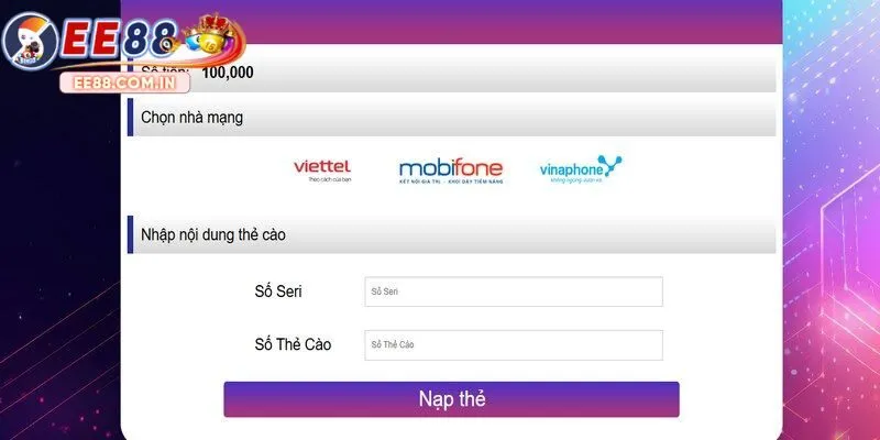 Nạp tiền EE88 siêu tốc qua thẻ cào