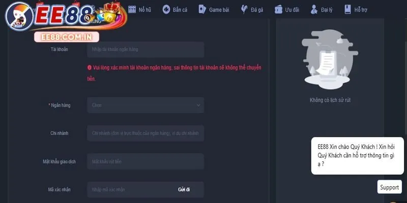 Thêm ngân hàng rút tiền EE88 tại trang